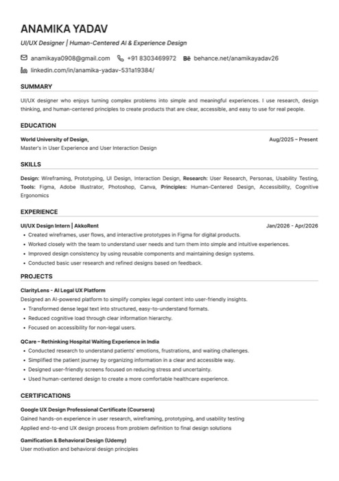 Preview of Anamika Yadav's resume, page 1